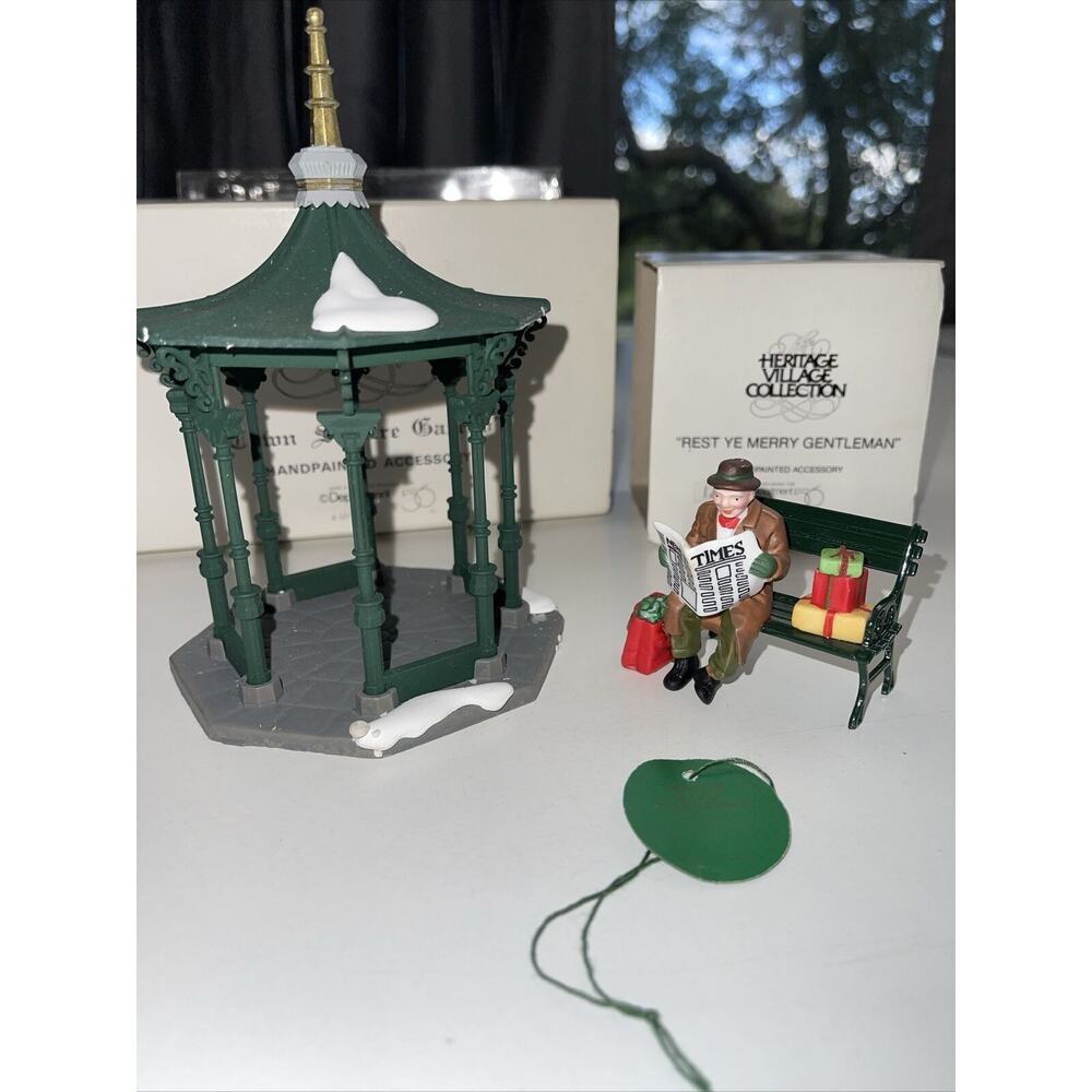 Dept 56 Heritage Town Square Gazebo #5513-1 & Rest Ye Merry Gentleman - Picture 1 of 9